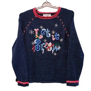 Tiara International Womens Blue Christmas Holiday Let It Snow Snowman Sweater LG